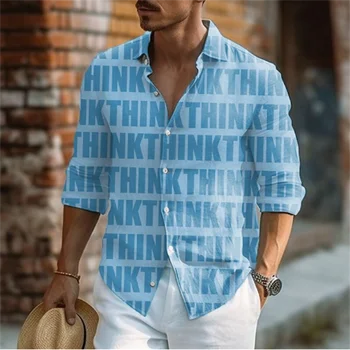 2023 גברים חולצה תבנית מכתב הדפסה דש כפתור כחול חיצונית רחוב שרוול ארוך אופנה מעצב אופנת רחוב מזדמן 4 צבעים
