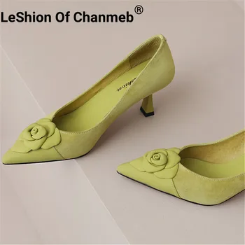 LeShion של Chanmeb כבשים עור זמש נשים פרח נעלי דק עקב מחודדות רדוד משאבות נשים במשרד שמלת מסיבת 39