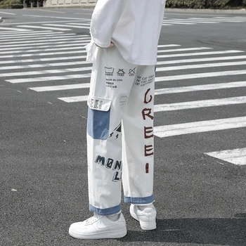 ישר ג 'ינס ג' ינס גברים גרפי מודפס אופנת רחוב ג 'ינס ג' ינס גבר Wildleg מכנסיים היפ הופ קוריאנית Harajuku אופנה מכנסיים