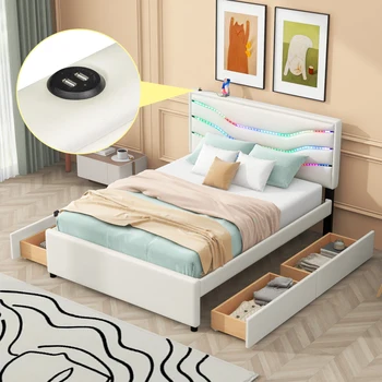 מיטת קווין סייז,לבן מרופד פלטפורמת אחסון למיטה עם LED, 4 מגירות & טעינת USB,נוח נוער למבוגרים bedrom